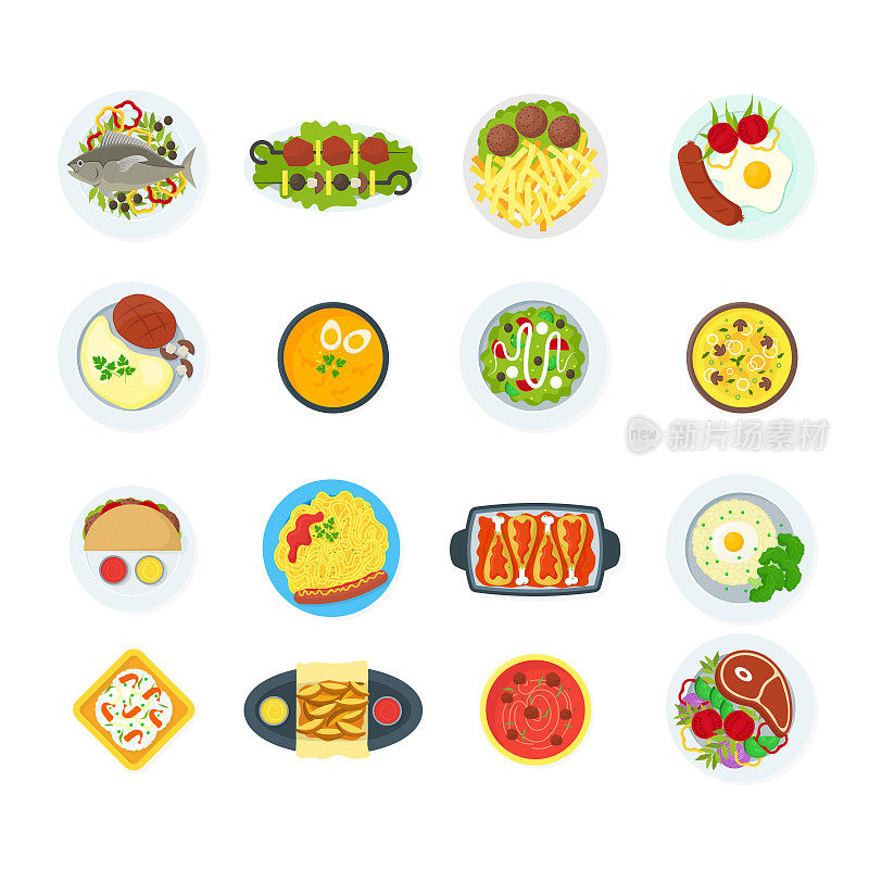 Cartoon Home Cooking Healthy Foods Dishes Menu Set. Vector
